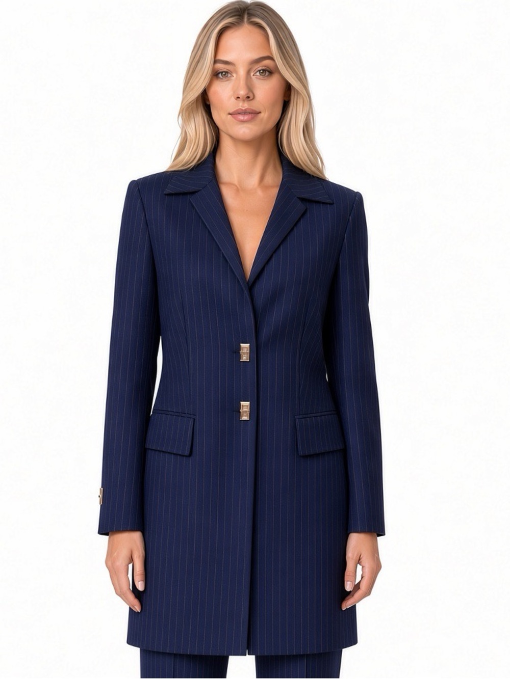 Escada Longline 100% Wool Navy Red Pintstripe Size 40